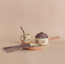 Load image into Gallery viewer, Handmade play set with knitted ingredients and wicker cutlery - mocha
