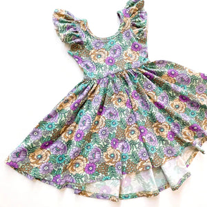 Flutter sleeve twirl dress - mint lavender floral