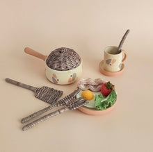 Load image into Gallery viewer, Handmade play set with knitted ingredients and wicker cutlery - mocha