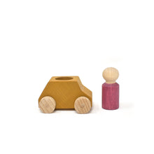 Load image into Gallery viewer, Ochre wooden car with plum figure