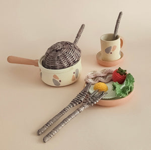 Handmade play set with knitted ingredients and wicker cutlery - mocha