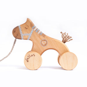 Wooden horse pull toy - blue