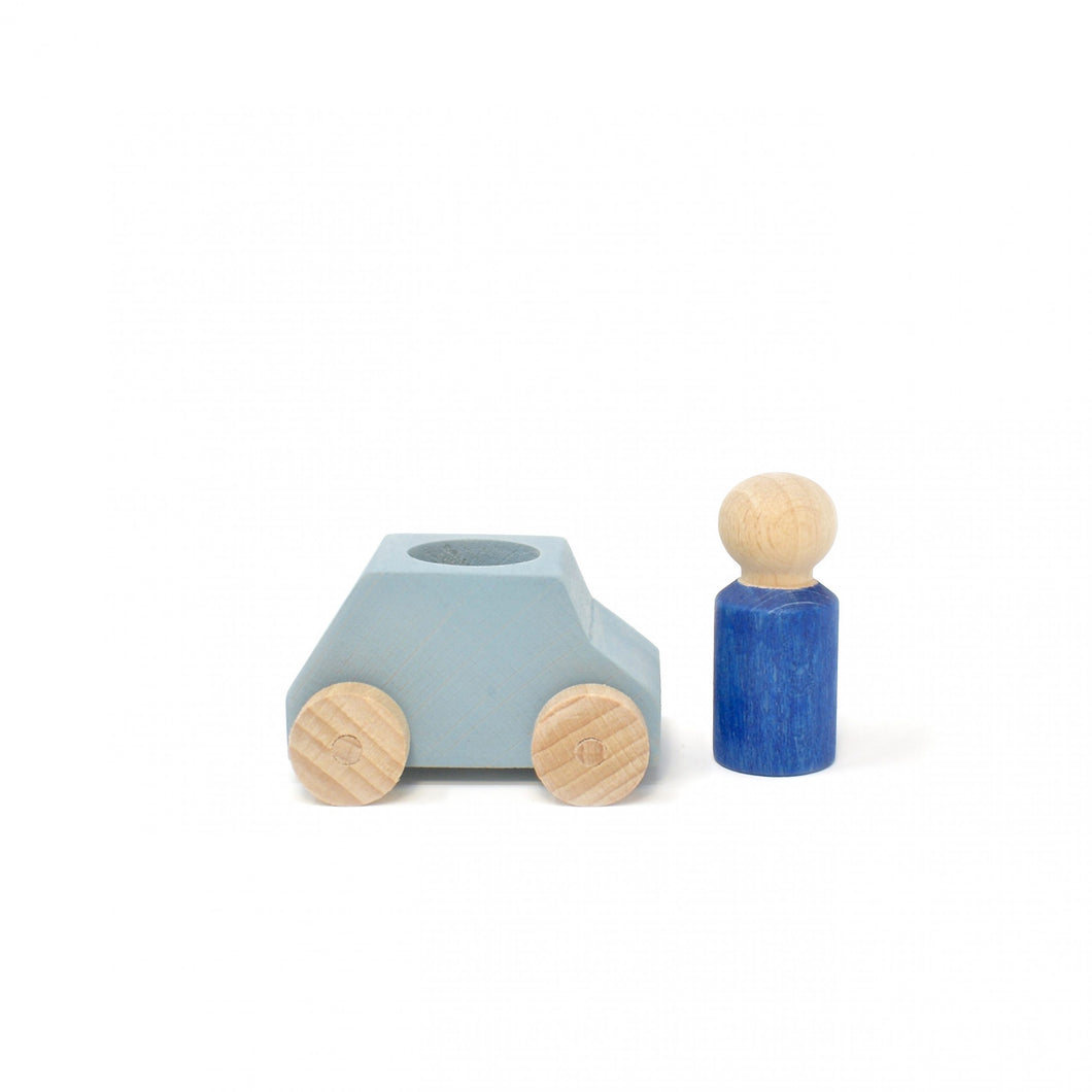 Grey wooden car with blue figure