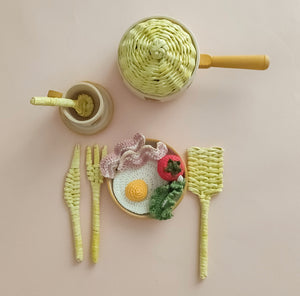 Handmade play set with knitted ingredients and wicker cutlery - sunny