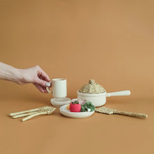 Load image into Gallery viewer, Handmade play set with knitted ingredients and wicker cutlery - natural