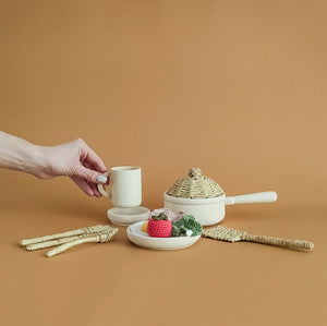 Handmade play set with knitted ingredients and wicker cutlery - natural