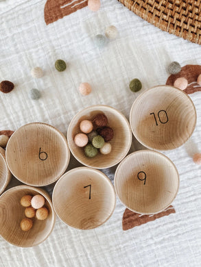 Wood counting bowls with felt balls