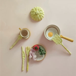 Handmade play set with knitted ingredients and wicker cutlery - sunny