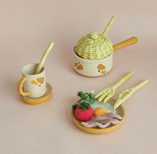 Load image into Gallery viewer, Handmade play set with knitted ingredients and wicker cutlery - sunny