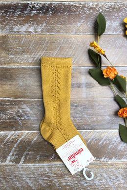 Mustard side crochet knee high socks