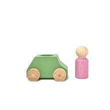 Load image into Gallery viewer, Green wooden car with pink figure