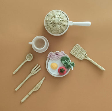 Handmade play set with knitted ingredients and wicker cutlery - natural