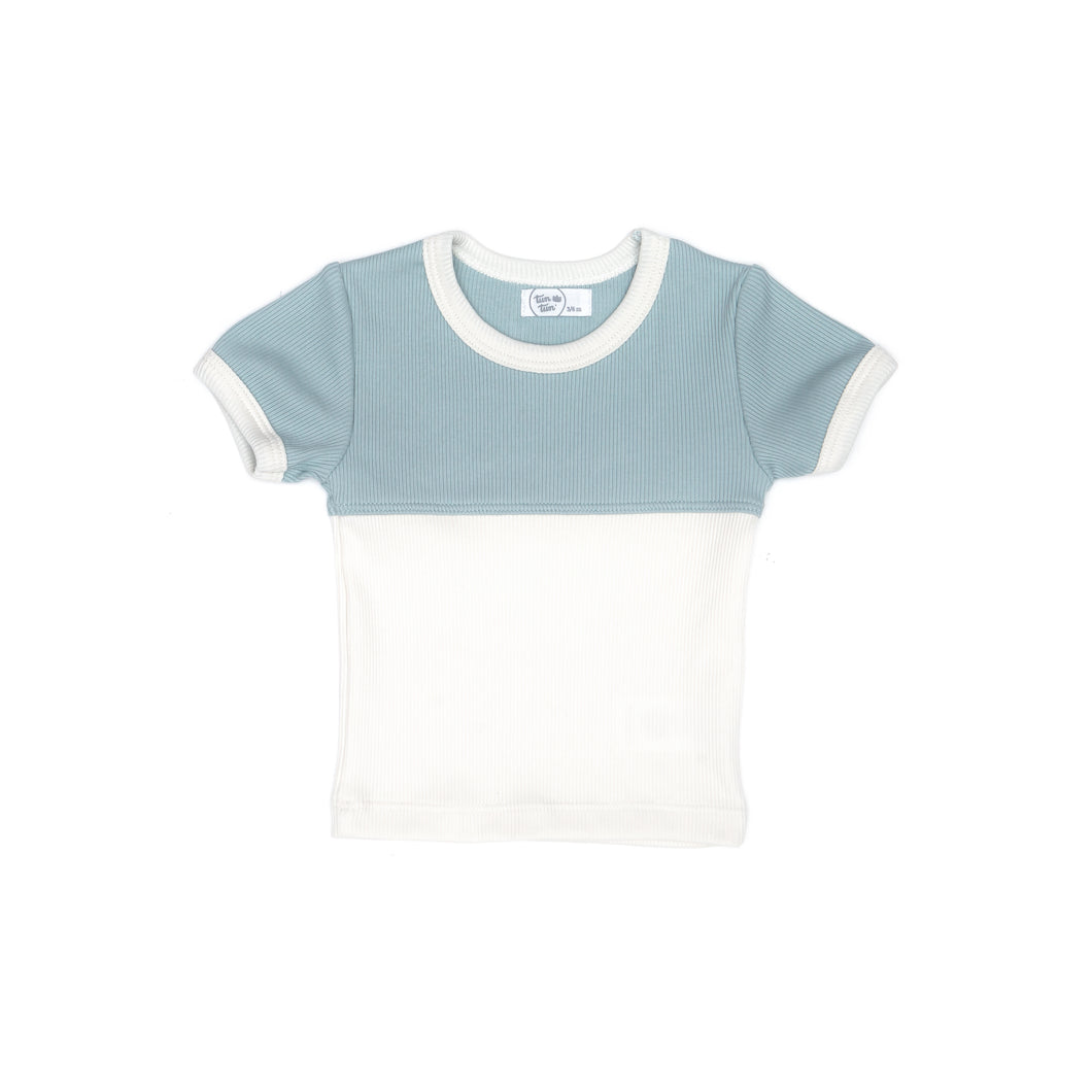 Ribbed two tone top - natural & blue