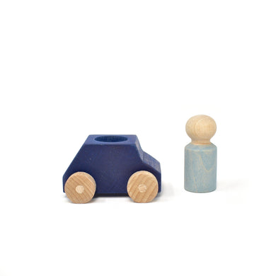 Blue wooden car with grey figure